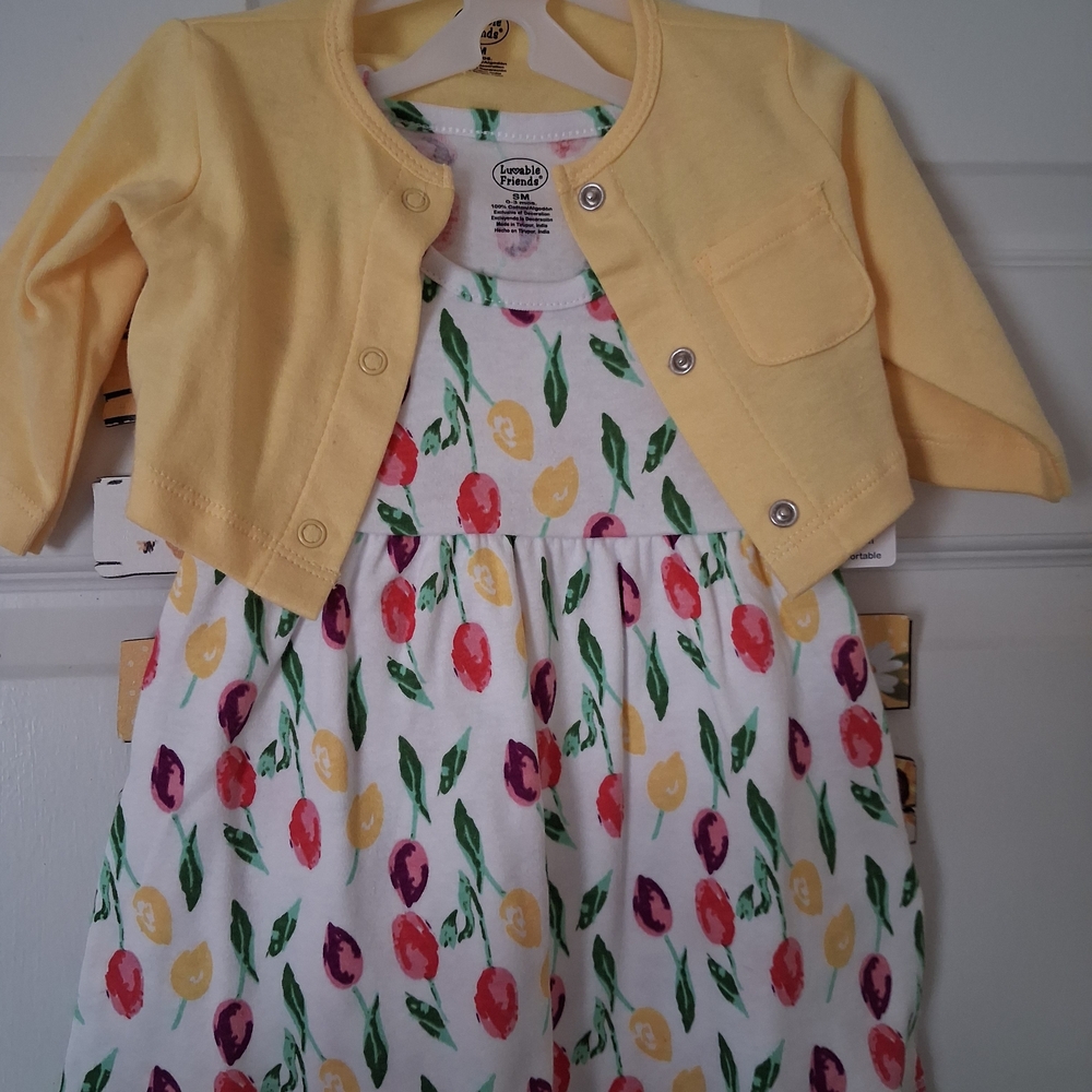 Luvable Friends Yellow Cardigan with Floral Print Dress